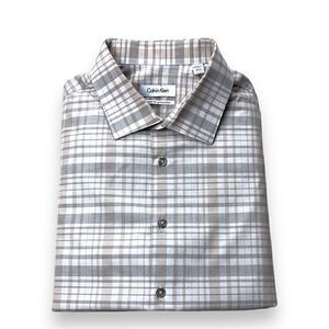 Calvin Klein Shirt Mens 17.5 34/35 Beige Plaid‎ Long Sleeve Button Down